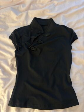 SHEIN Black Cap-Sleeve Mandarin Collar Top